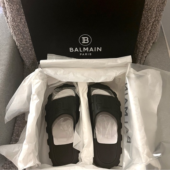 New Balmain Men’s Slide Size 44-45 Black Chunky Sandals - Picture 2 of 12